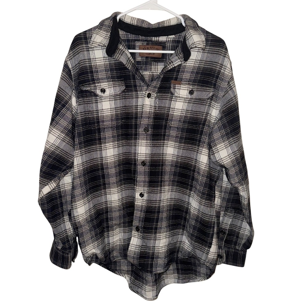 Orvis Men's Black Gray Plaid Flannel Shirt Jacket Button Front Cotton size Large